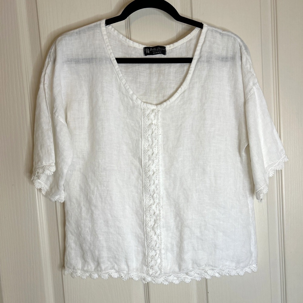 100% Linen Shirt Top Sz medium crochet Made in Italy white